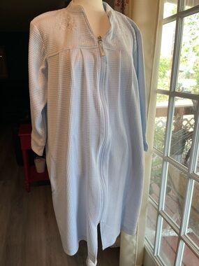 Miss Elaine Light Blue Waffle-Knit Zip Front Robe